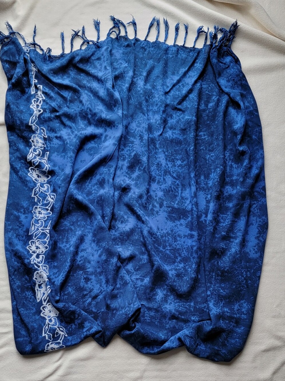 Blue Floral Border Fringe Scarf/Shawl